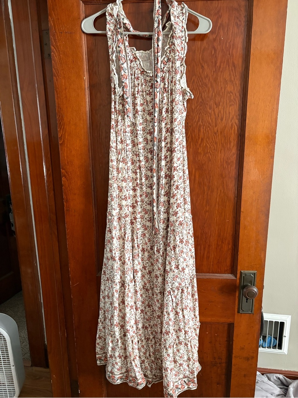 Max Studio Cream Maxi Dress with Red Floral Print and Tie Straps